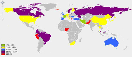 Prevalence map of IBS according to country