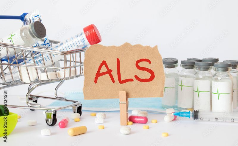 Picture of the medical necessities to treat ALS with a sign in crayon spelling out the disease acronym