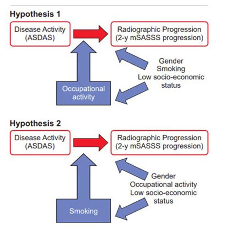 Figure 18-1: — Two Hypotheses Explaining the Interaction of Factors Influencing the Relationship Between AS Disease Activitya and Radiographic 