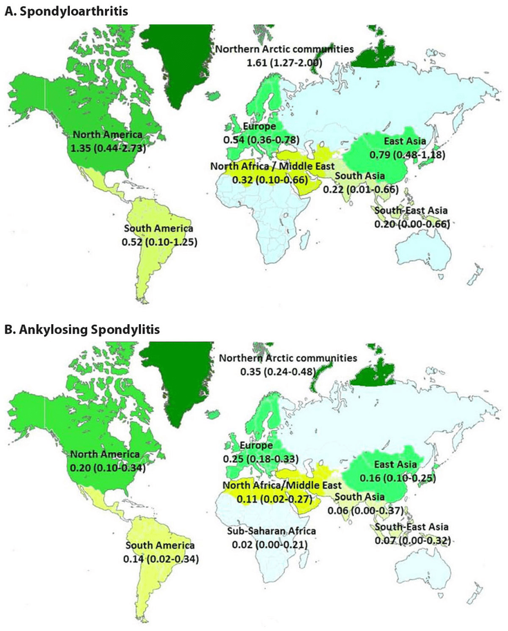 Figure 3-3: Maps Showing The Global Prevalence of Spondyloarthritis. Source: Stolwijk C, et al.<em> Arthritis Care Res (Hoboken)</em>. 2016;68(9):1320-1321.