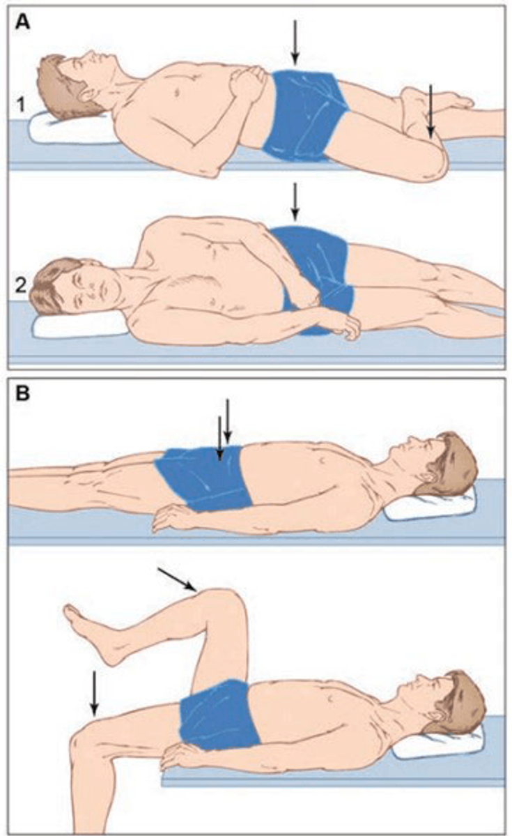 Figure 8-1: Manuevers Stressing Sacroiliac Joint. Test for eliciting sacroiliac pain by putting physical stress on the sacroiliac joints by application of downward pressure on the flexed knee, when the hip joint is flexed, abducted, and externally rotated; or by compression of the pelvis with the patient lying on one side (A). Two other procedures involve the application of direct pressure on anterior superior iliac spines, along with attempts to force them laterally apart, away from each other; and by forced flexion of one hip joint maximally toward the opposite shoulder, with hyperextension of the contralateral hip joint (B). Source:  Khan MA. Spondyloarthropathies. In: Hunder GG, ed. Atlas of Rheumatology. 4th ed. Philadelphia, PA: Current Medicine; 2005:151-180.