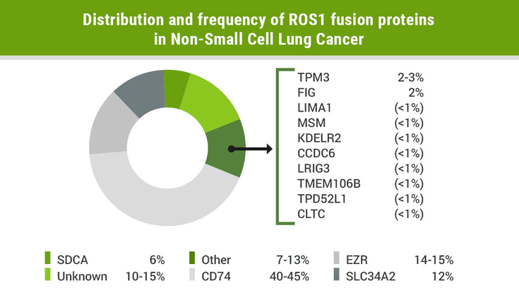 <strong>Figure 1-33:</strong> Distribution and frequency of ROS1 fusion proteins in Non-Small Cell Lung Cancer. Source: Adapted from: Lin JJ, et al. <em>J Thorac Oncol. </em>2017;doi:10.1016/j.jtho.2017.08.002.