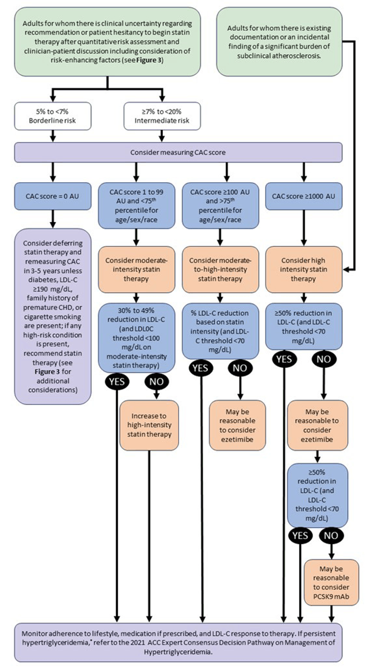 Figure 21-11: 2022 ECDP Algorithm for Incorporation of the CAC Score in Clinical Decision-Making. Notes:  <sup>*</sup>Fasting triglycerides ≥150 mg/dL following a minimum of 4-12 weeks of lifestyle intervention, a stable dose of maximally tolerated statin therapy when indicated, as well as evaluation and management of secondary causes of hypertriglyceridemia. ASCVD, atherosclerotic cardiovascular disease; AU, Agatston unit; CAC, coronary artery calcium; CHD, coronary heart disease; ECDP, Expert Consensus Decision Pathway; LDL-C, low-density lipoprotein cholesterol; PCSK9 mAb, proprotein convertase subtilisin/kexin 9 monoclonal antibody. <strong>Source:  </strong>Modified from Lloyd-Jones DM, et al. <em>J Am Coll Cardiol</em>. 2022;80(14):1366-1418.