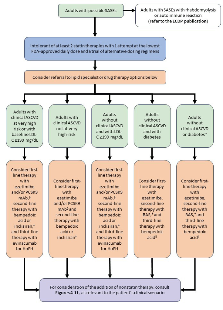 Figure 21-12:  2022 ECDP Algorithm for Possible SASEs. Notes: <sup>*</sup>May consider BAS as optional alternative agent if ezetimibe-intolerant and triglycerides <300 mg/dL. <sup>†</sup>Depending on the amount of LDL-C lowering that is desired, clinicians may consider CAC scoring in these patients before alternative therapies and if the CAC score is 0, may consider deferring lipid-lowering therapy. <sup>‡</sup>No outcome studies exist for bempedoic acid or inclisiran. <sup>§</sup>A PCSK9 mAb is preferred as the initial PCSK9 inhibitor of choice in view of their demonstrated safety, efficacy and cardiovascular outcomes benefits in FOURIER and ODYSSEY Outcomes. Inclisiran may be considered in patients with demonstrated poor adherence to PCSK9 mAbs, adverse effects from both PSCK9 mAbs, or those who may be unable to self-inject. There is currently no evidence for additional efficacy in LDL-C lowering or cardiovascular outcomes benefit for combination therapy with a PSCK9 mAb and inclisiran when added to maximally tolerated statin therapy with/without ezetimibe or bempedoic acid; therefore, if inclisiran is to be used, it should be in place of a PCSK9 mAb. <sup>∥</sup>Due to its demonstrated efficacy and relative safety as monotherapy and in combination with ezetimibe, in the opinion of the writing committee, bempedoic acid may be considered as third-line therapy in high-risk primary prevention patients intolerant of statin therapy. ASCVD, atherosclerotic cardiovascular disease; FDA, Food and Drug Administration; HoFH, homozygous familial hypercholesterolemia; LDL-C, low-density lipoprotein cholesterol; PCSK9 mAb, proprotein convertase subtilisin/kexin type 9 monoclonal antibody; SASE, statin-associated side effect. <strong>Source:</strong> Modified from Lloyd-Jones DM, et al. <em>J Am Coll Cardiol</em>. 2022;80(14):1366-1418.