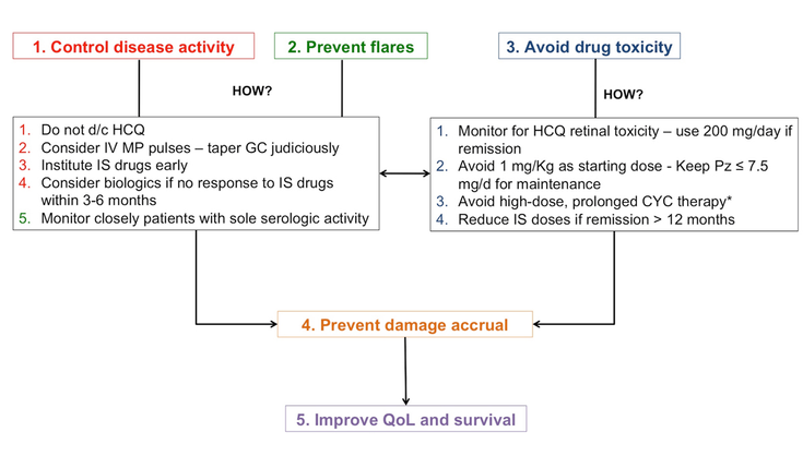 Figure 7-1: SLE Treatment Goals and Strategies. Key: CYC, cyclophosphamide; d/c, discontinue; GC, glucocorticoids; HCQ, hydroxychloroquine; IS, immunosuppressive; IV MP, intravenous methylprednisolone; Pz, prednisone; QoL, quality of life. Source: Adapted from: Fanouriakis A, Bertsias G. Lupus Sci Med. 2019;6(1):e000310.