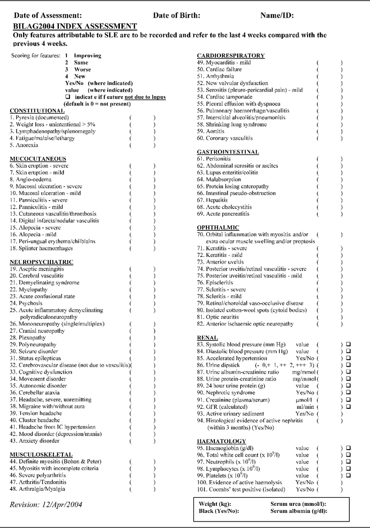 Figure 7-2: The BILAG-2004 Index Assessment. Source: Adapted from: Isenberg DA, et al. Rheumatology (Oxford). 2005;44(7):902-906.