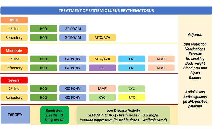 Figure 7-5: Overview of SLE Treatment Options. Note: Anifrolumab is not shown because of its recent approval date; it is appropriate for moderate to severe SLE in combination with standard therapy. Key: AZA, azathioprine; BEL, belimumab; CNI, calcineurin inhibitors; CYC, pulse cyclophosphamide; EULAR, European League Against Rheumatism; GC, glucocorticoids; HCQ, hydroxychloroquine; IM, intramuscular; IV, intravenous; MMF, mycophenolate mofetil; PO, per os (by mouth); RTX, rituximab; SLEDAI, SLE Disease Activity Index. Source: Adapted from: Fanouriakis A, Tziolos N, Bertsias G, Boumpas DT. Update οn the diagnosis and management of systemic lupus erythematosus. Ann Rheum Dis. 2021;80(1):14-25.