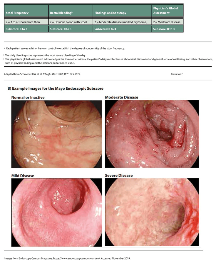 Figure 5-1: The Mayo Score. Key:  <sup>a</sup> Each patient serves as his or her own control to establish the degree of abnormality of the stool frequency. <sup>b </sup>The daily bleeding score represents the most severe bleeding of the day.  <sup>c </sup>The physician’s global assessment acknowledges the three other criteria, the patient’s daily recollection of abdominal discomfort and general sense of well-being, and other observations, such as physical findings and the patient’s performance status. Source: Adapted from Schroeder KW, et al. <em>N Engl J Med</em>. 1987;317:1625-1629. Images from Endoscopy Campus Magazine. https://www.endoscopy-campus.com/en/. Accessed November 2019.