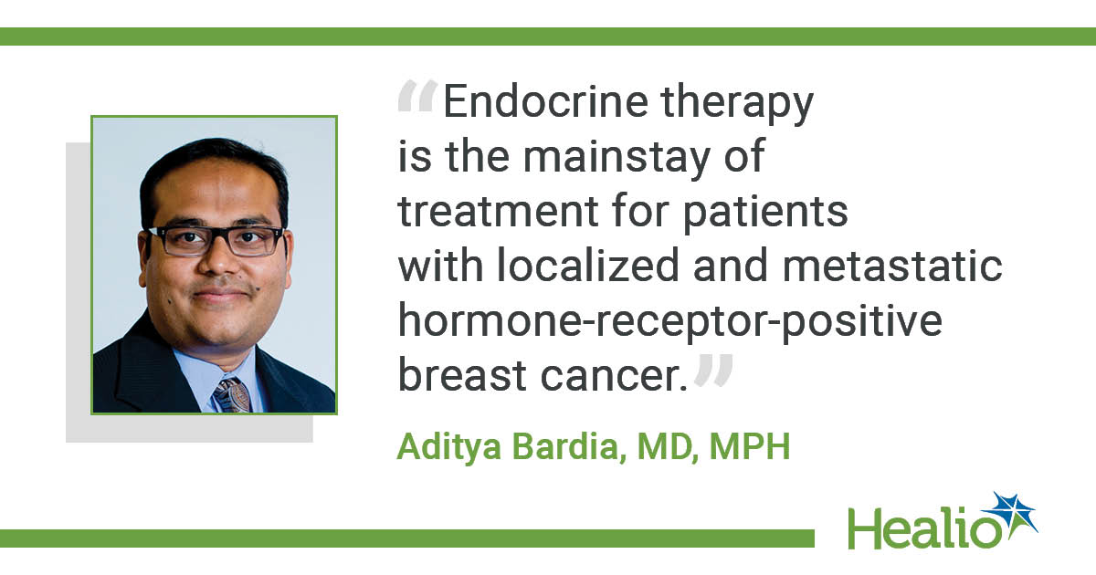 an image that includes a headshot of Dr. Aditya Bardia on the left handside with a light grey drop shadow and a quote from him on the right hand side that reads "Endocrine therapy is the mainstay of treatment for patients with localized and metastatic ormone-receptor-positive breast cancer." Underneath the quote reads Aditya Bardia, MD, MPH in green, and also in green, are straight bars running along the top and bottom of the whole image.