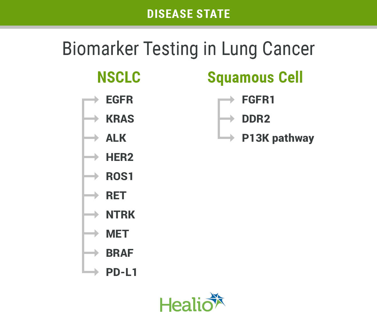 An inforgraphic with the heading "Disease State" and a subheader reading "Biomarker Testing in Lung Cancer" under which are two columns (NSCLC and Squamous Cell) with arrows underneath showing biomarker testing targets