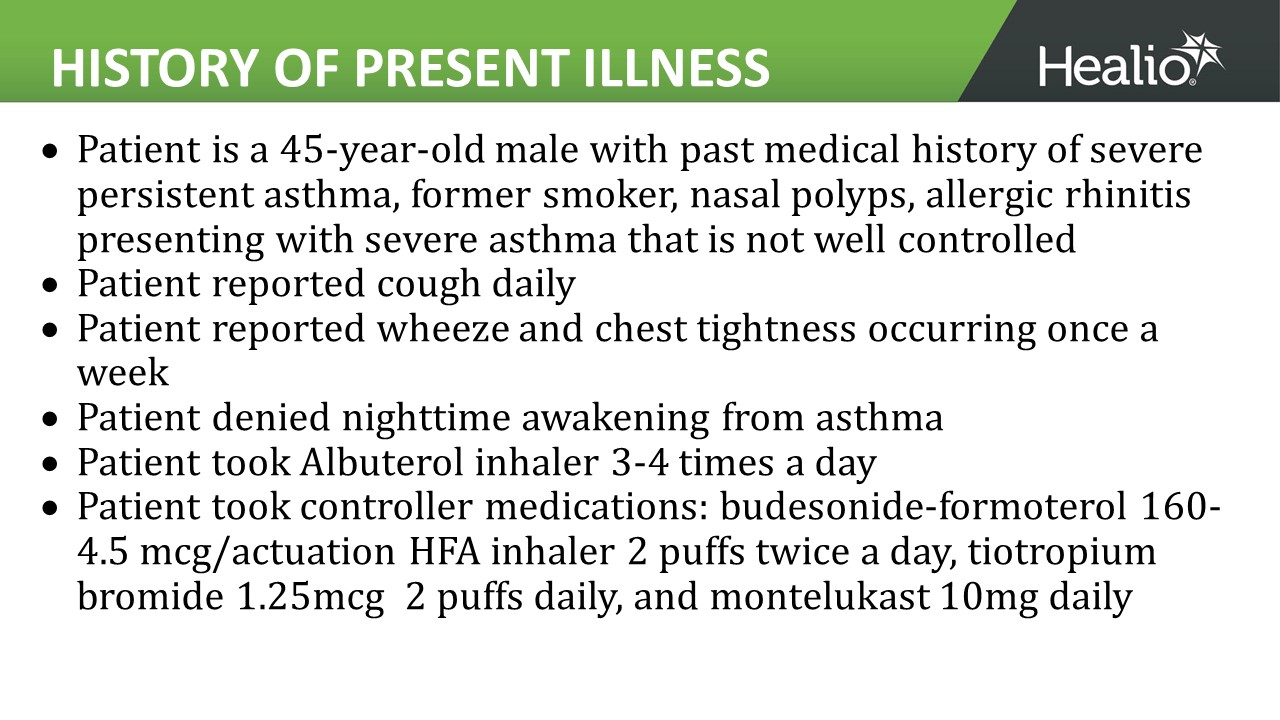 an image of the first history of present illness slide for the third asthma clinical case review