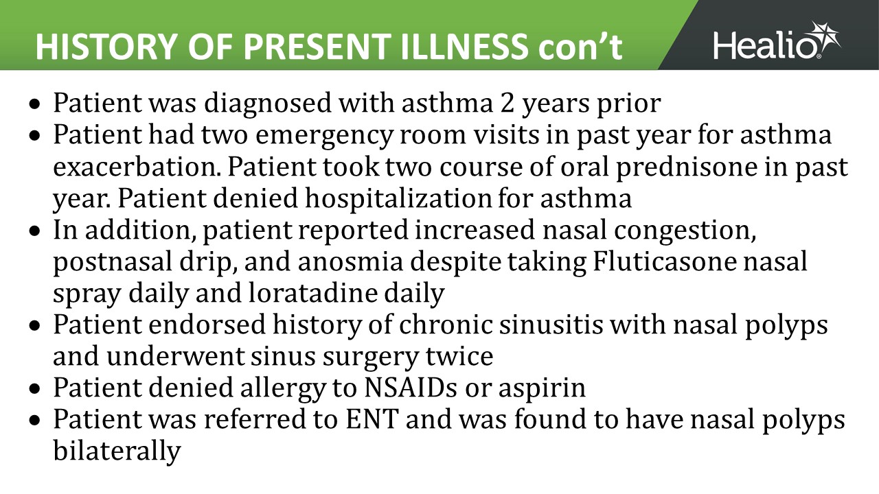 an image of the second history of present illness slide for the third asthma clinical case review