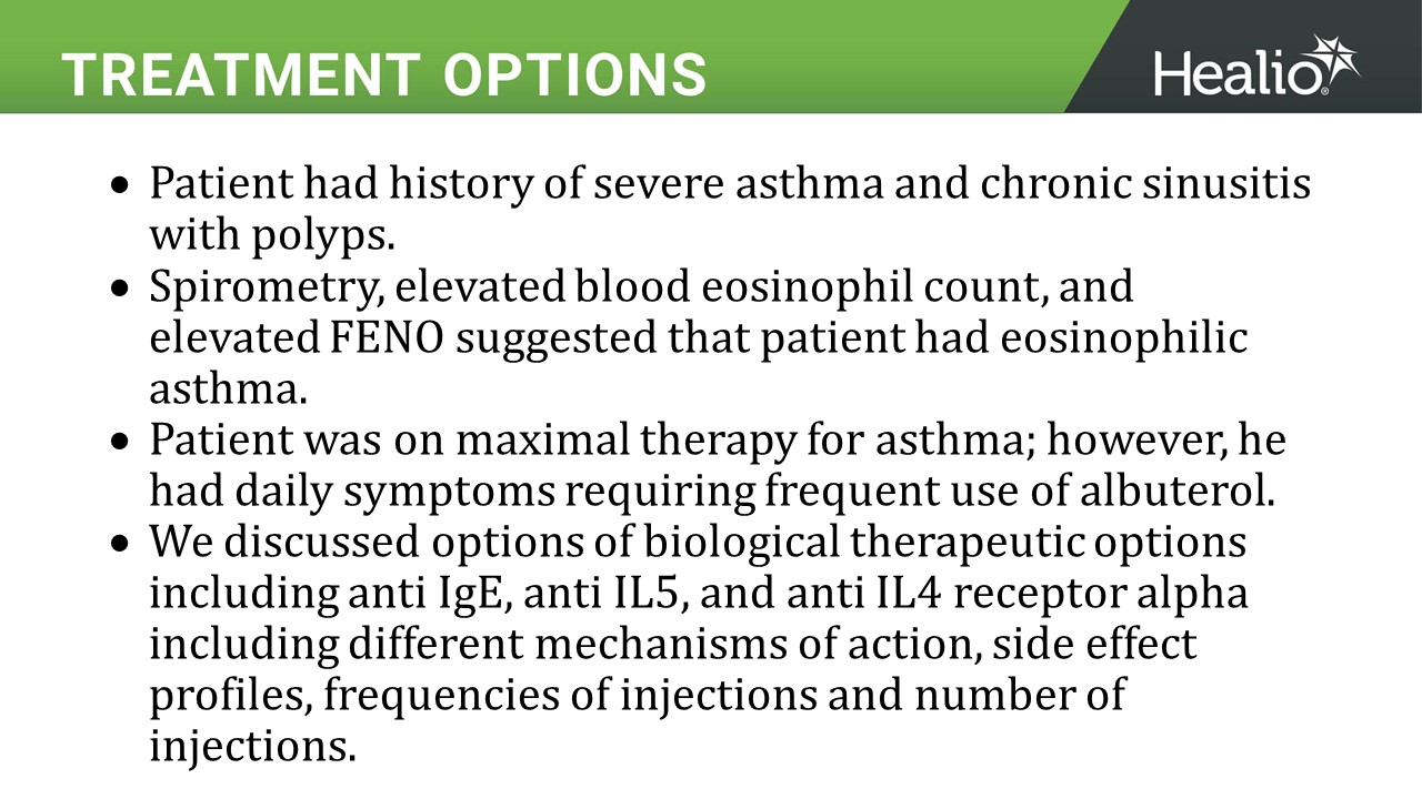 an image of the treatment options slide for the third asthma clinical case review