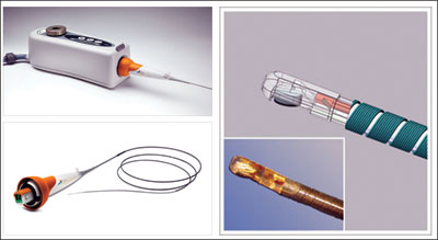 Figure. The Lipiscan/TVC catheter looks and functions like any standard rotational IVUS system, but the catheter tip includes near-infrared spectroscopy adjacent to the IVUS transducer.