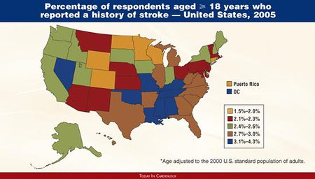 Percentage of respondents aged 18 years and older who repored a history of stroke - United States, 2005