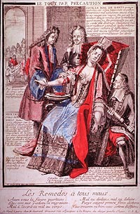 A woman sitting in a chair is being bled by two physicians while a third physician kneels at her side holding a clyster