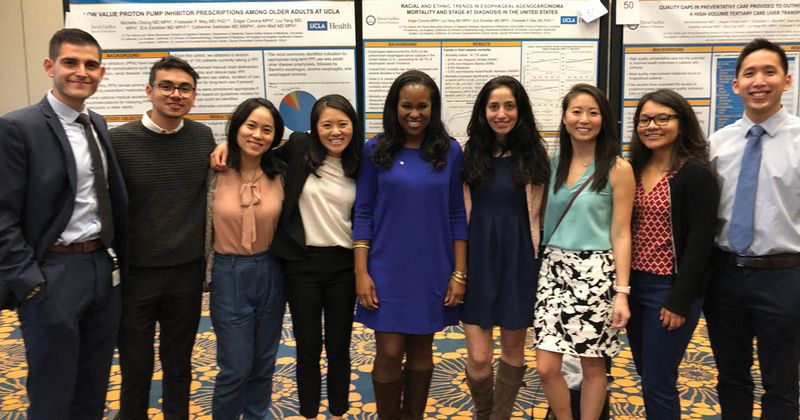 At association meetings, May supports her team as they present data and further their careers. Pictured here (left to right): Omar Viramontes, MD; Edgar Corona, MD, MPH; Liu Yang, MD, MPH; Carrie Wong, MD; Folasade P. May, MD, PhD, MPhil; Ani Kardashian MD, Michelle Chong, MD; Mayte Cruz, MPP; and Frank Chen, MD.