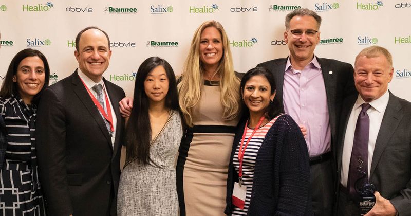 From left: Uzma D. Siddiqui, MD, FASGE, FACG, FJGES; David Rubin, MD; Jennifer Lui, MD; Kelly Bryan, RN; Vani Konda, MD; Russell Cohen, MD; and Stephen Hanauer, MD, celebrated Siddiqui’s Woman Disruptor of the Year award at our 2019 Healio Disruptive Innovators. Save the date for October 24 to see who wins our 2021 awards!