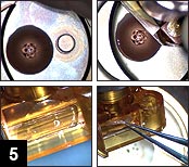 Figure 5: The donor cornea (upper left) is mounted within a Moria artificial anterior chamber; (Upper right) A Moria microkeratome is used on the donor cornea to create a free cap of appropriate thickness; (Bottom left)