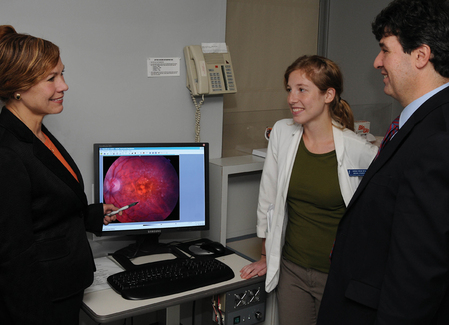 From left to right, Johanna M. Seddon, MD, ScM, Sarah P. Read, PhD, and Elias Reichel, MD