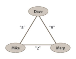 In the simple diagram shown here, Dave, Mike and Mary are three eye surgeons, partners in their group practice. Mike and Mary have a very low level of conflict - a 2, as marked on the diagram. Dave and Mike have a high level of conflict, an 8. 