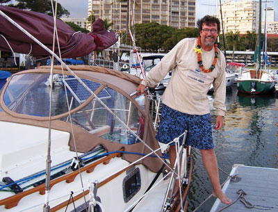 John B. Pinto steps off Aurelia in Honolulu, Hawaii, after a month-long journey.