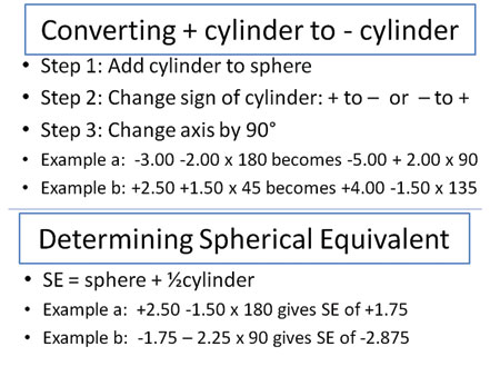 Converting positive cylinder to negative cylinder in a refraction can be done in three simple steps. Determining the spherical equivalent of a refraction is even easier and can be accomplished by simply adding half of the cylinder to the sphere.