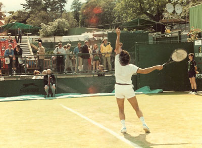 Nicholas G.H. Mohtadi, MD, MSc, FRCSC, of Calgary, Alberta, is shown in his “whites” serving when he competed at the 1982 Wimbledon Championships