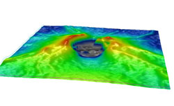 The patient's 3-D disc thickness cube of the right eye showed the superior and inferior disc rims as elevations from green to yellow to red. These are healthy rims. This view is from temporal to nasal (front to back).