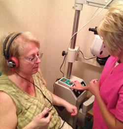 Dr. Wallace’s staff conducts the initial 45-second hearing screening. 