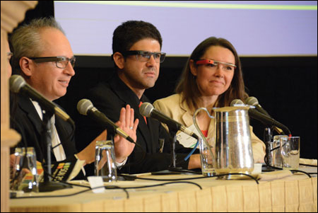 SCAI faculty members — from left, Homero Rivas, MD; Christian Assad-Kottner, MD; and Heather Evans, MD — don Google Glasses during a session discussing the technology and its potential applications in the cath lab.