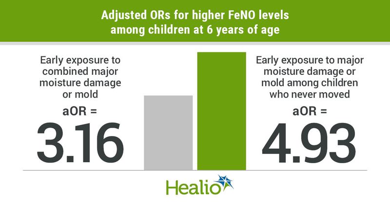 Higher FeNO levels among children are associated with early exposure to combined major moisture damage or mold (aOR = 3.16) and early exposure to moisture damage or mold among children who never moved (aOR = 4.93)