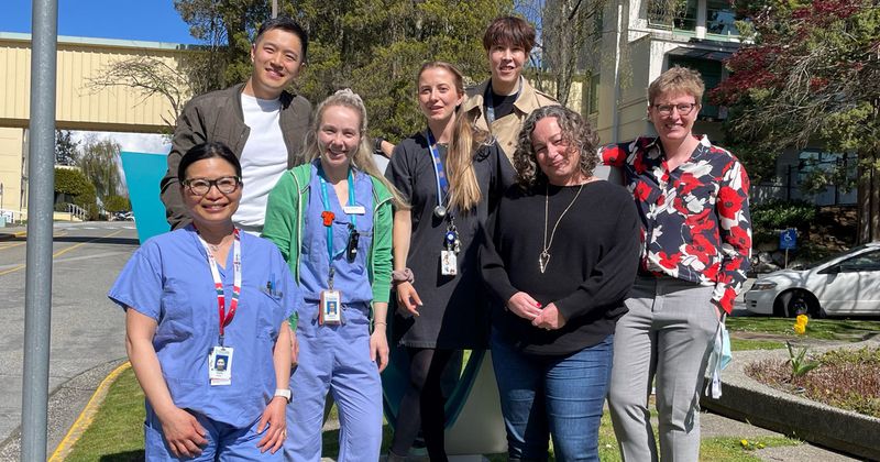 The research team included (left to right) Pearl VanDijk, RN, BSN, MSN, Ethan Zhang, MPH, Vanessa Paquette, PharmD, Stephanie Erdle, MD, FRCPC, Raymond Mak, MD, FRCPC, Melissa Watt, CCRP, and Chelsea Elwood, BMScH, MSC, MD, FRCSC. 