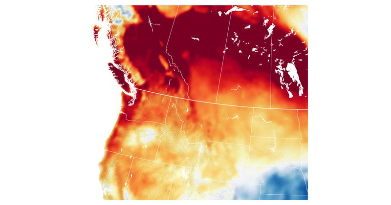 Imagery from Lauren Dauphin and the NASA Earth Observatory illustrates record-breaking heat in North America on May 15, 2023.