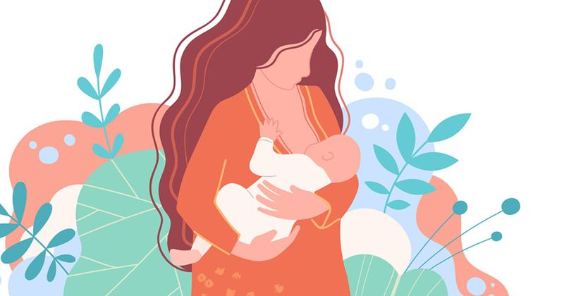 Illustration of a mother breastfeeding her newborn baby.