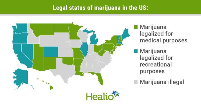 A U.S. map highlighting more than two dozen states that have legalized marijuana in some form.