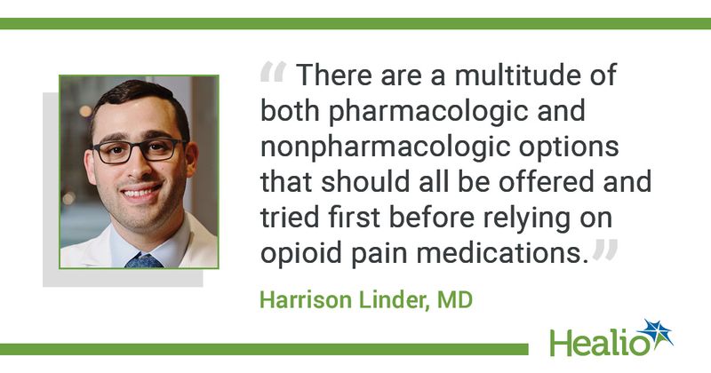 The quote is: There are a multitude of both pharmacologic and nonpharmacologic options that should all be offered and tried first before relying on opioid pain medications. The source of the quote is: Harrison Linder, MD.