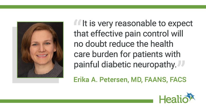 "It is very reasonable to expect that effective pain control will no doubt reduce the health care burden for patients with painful diabetic neuropathy." The source of the quote is: Erika A. Petersen, MD, FAANS, FACS.