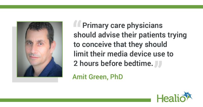 The quote is: “Primary care physicians should advise their patients trying to conceive that they should limit their media device use to 2 hours before bedtime.” The source of the quote is Amit Green, PhD.