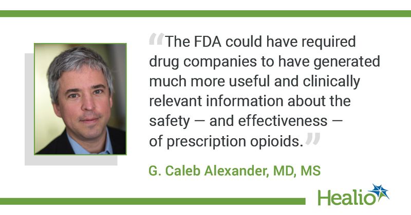 The quote is: "The FDA could have required drug companies to have generated much more useful and clinically relevant information about the safety — and effectiveness — of prescription opioids."  The source of the quote is G. Caleb Alexander, MD, MS.