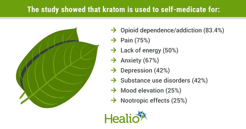 The study showed that kratom is used to self-medicate for: Opioid dependence/addiction 83.4% of the time, pain 75% of the time, lack of energy, 50% of the time, anxiety 67% of the time, depression 42% of the time, substance use disorders 42% of the time, mood elevation 25% of the time and nootropic effects, 25% of the time.