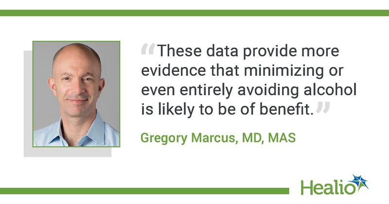 The quote is: These data provide more evidence that minimizing or even entirely avoiding alcohol is likely to be of benefit. The source of the quote is: Gregory Marcus, MD, MAS.