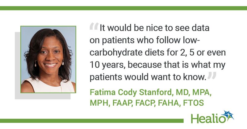 The quote is: it would be nice to see data on patients who follow low carbohydrate diets for 2, 5 or even 10 years, because that is what my patients would want to know. The source of the quote is: Fatima Cody Stanford, MD, MPA, MPH, FAAP, FACP, FAHA, FTOS 