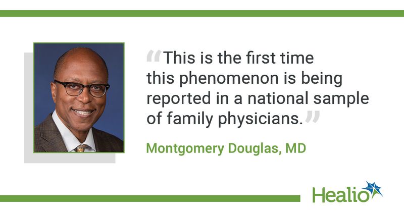 The quote is: “This is the first time this phenomenon is being reported in a national sample of family physicians." The source of the quote is Montgomery Douglas, MD.