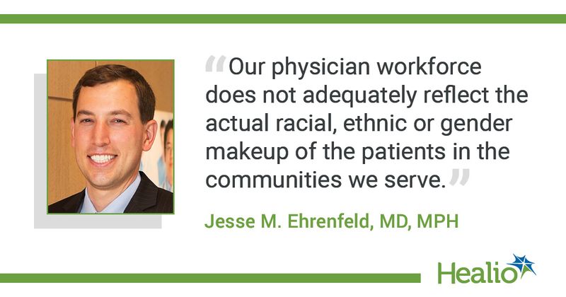 The quote is: "Our physician workforce does not adequately reflect the actual racial, ethnic or gender makeup of the patients in the communities we serve.” The source of the quote is: Jesse M. Ehrenfeld, MD, MPH. 