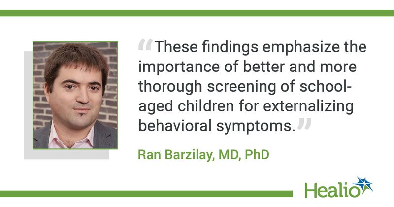 The quote is: "These findings emphasize the importance of better and more thorough screening of school-aged children for externalizing behavioral symptoms." The source of the quote is: Ran Barzilay, MD, PhD. 