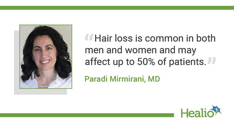 The quote is: "Hair loss is common in both men and women and may affect up to 50% of patients." The source of the quote is: Paradi Mirmirani, MD. You can find her mug in the story folder.