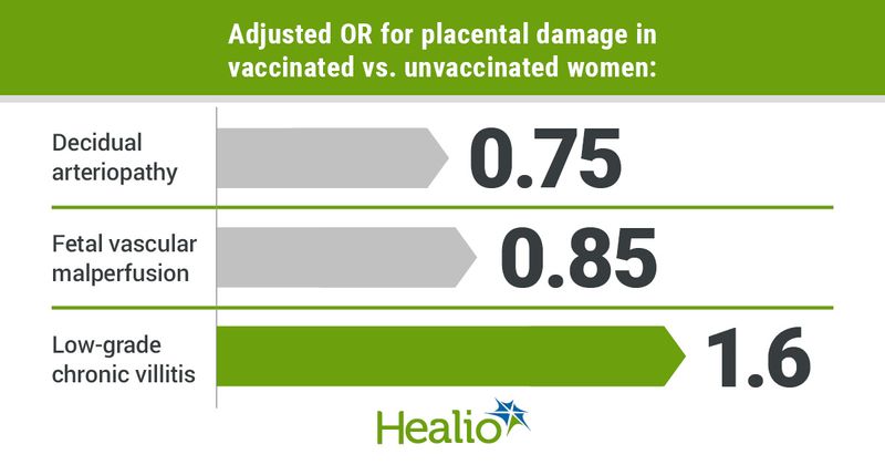 Adjusted OR for placental damage in vaccinated vs. unvaccinated women: Decidual arteriopathy, aOR = 0.75; Fetal vascular malperfusion, aOR = 0.85; Low-grade chronic villitis, aOR = 1.6