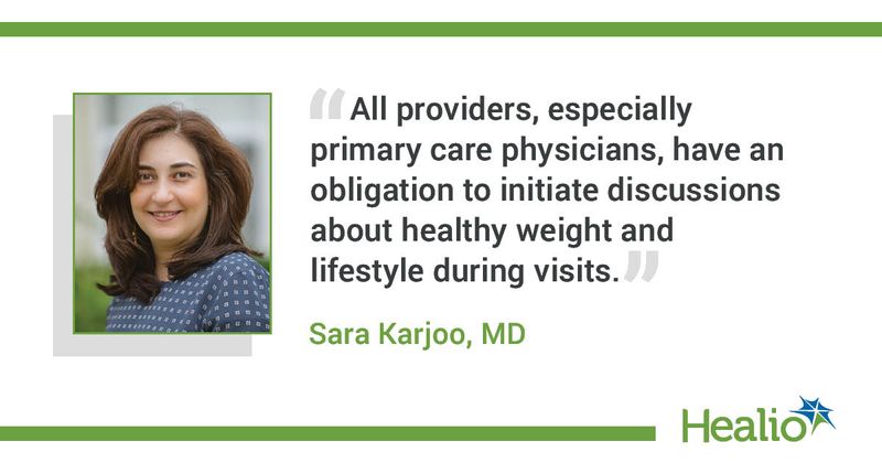 An infographic that reads: All providers, especially primary care physicians, have an obligation to initiate discussions about healthy weight and lifestyle during visits. 