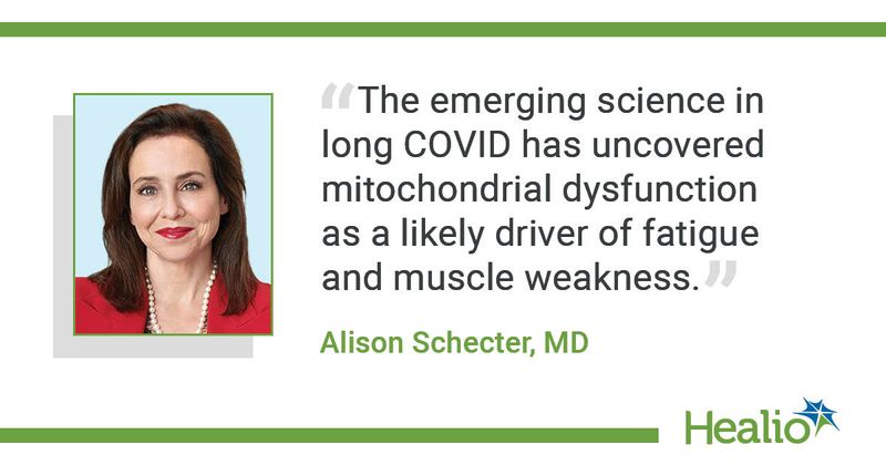 An infographic with the quote: The emerging science in long COVID has uncovered mitochondrial dysfunction as a likely driver of fatigue and muscle weakness. The source of the quote is Alison Schecter, MD. 